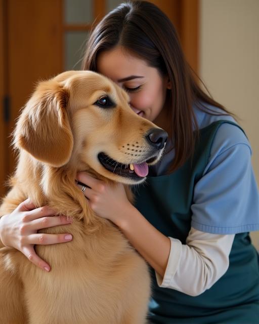A staff member gently hugging a golden retriever.
