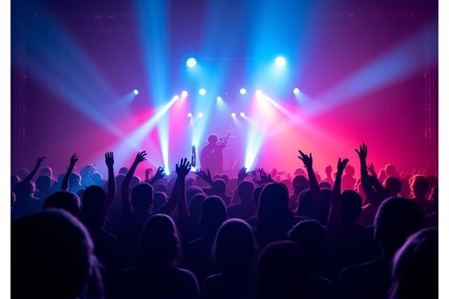 Energetic crowd at a live concert with vibrant stage lights