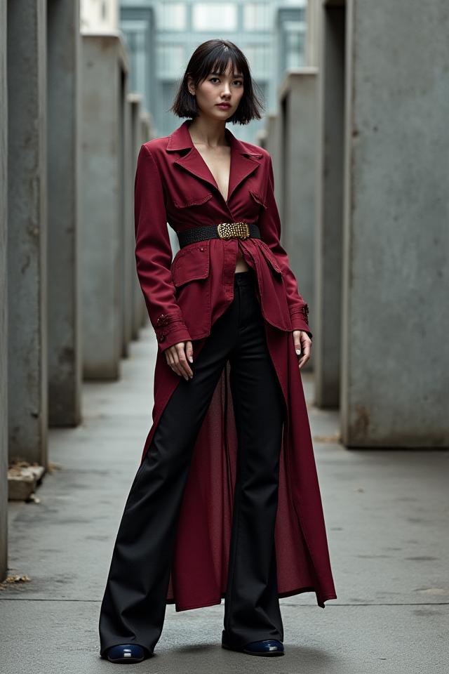 Female model posing in avant-garde fashion in an urban setting