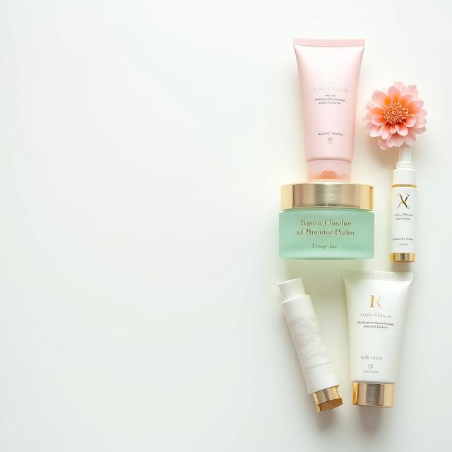 Artistically arranged set of cosmetic products on a minimalist background