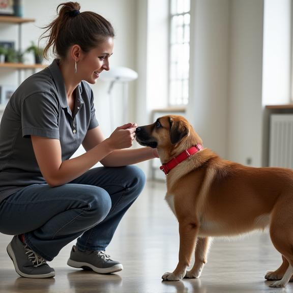 A trainer teaching a dog a new command.